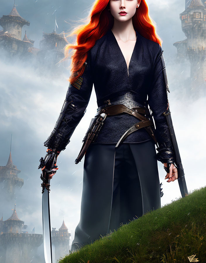 Digital artwork: Red-haired woman in medieval attire with sword in front of castle