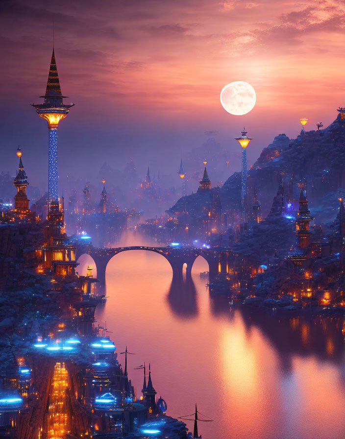 Cityscape with illuminated spires, full moon, and arched bridge at dusk