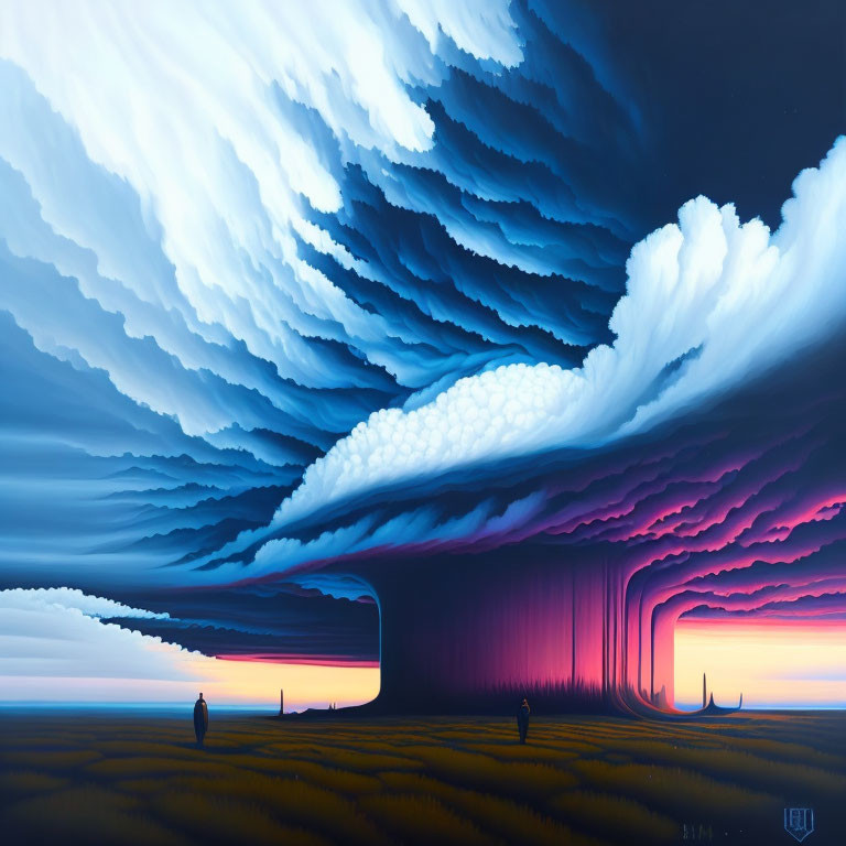 Surreal landscape with blue and purple tones, dramatic sky, spiral clouds, solitary figure in field