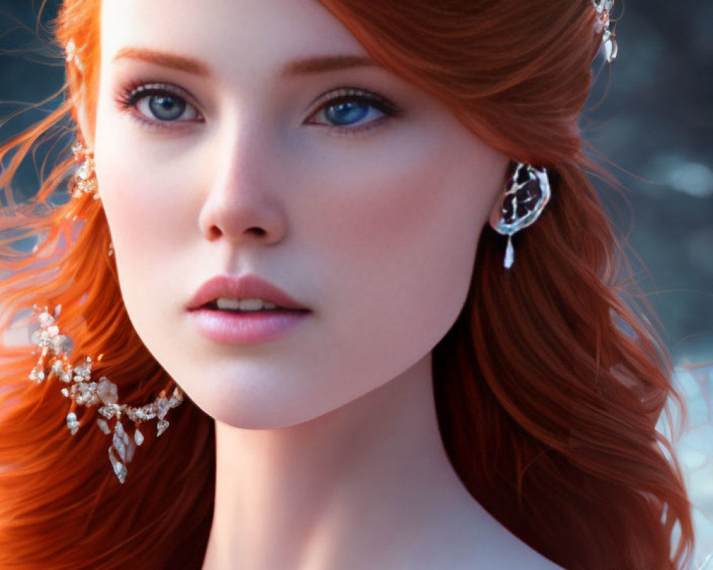 Portrait of woman with red hair, fair skin, blue eyes, elegant earrings, and feather shoulder piece
