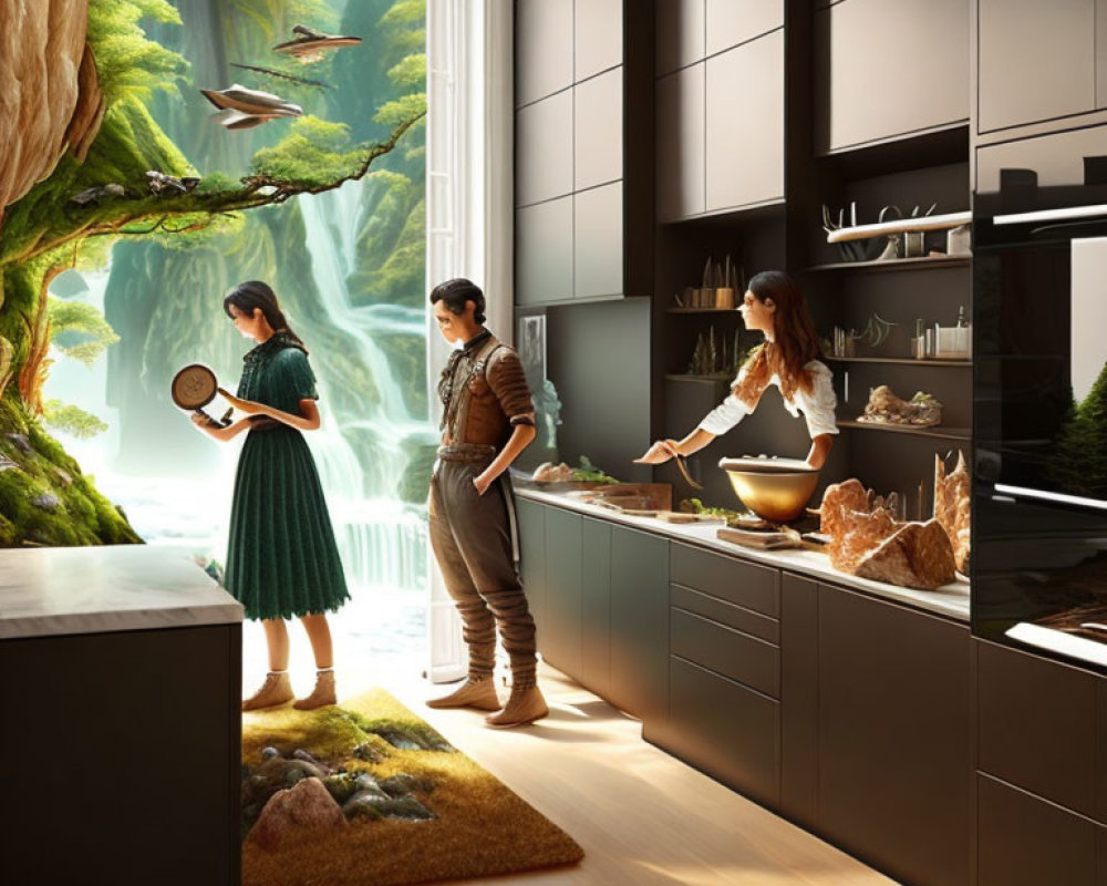 Three Individuals Cooking in Modern Kitchen with Forest Mural
