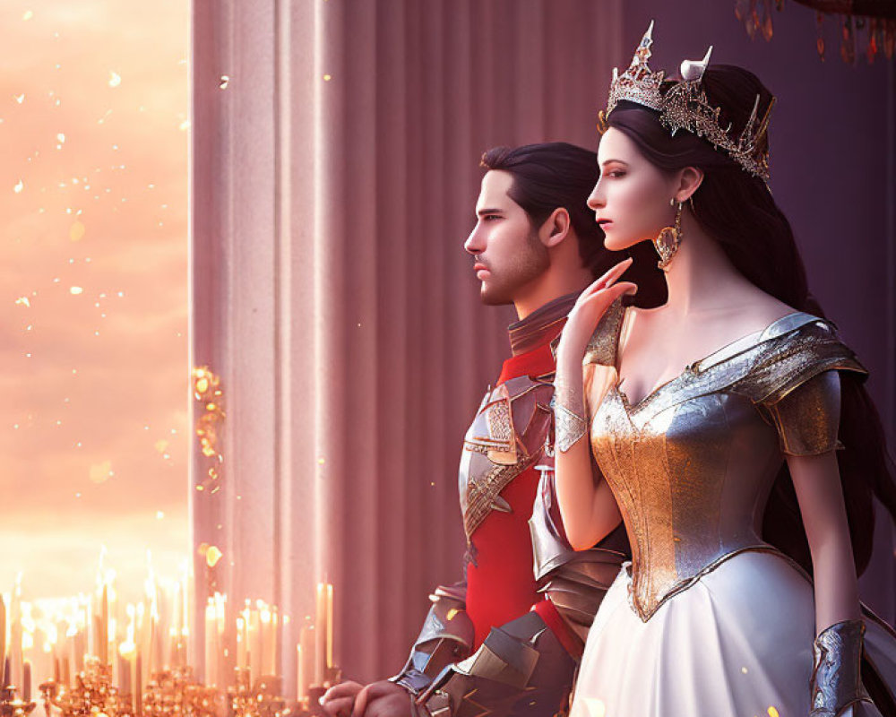 Royal couple in crown and armor by candlelight at sunset