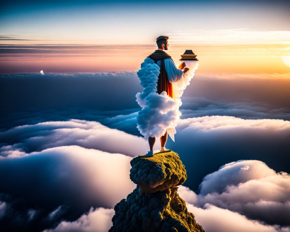 Person in Traditional Outfit on Peak Above Clouds at Sunset or Sunrise