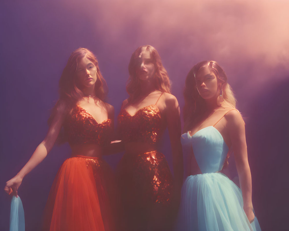 Three women in elegant dresses in misty, colorful setting with blue and purple gradient.