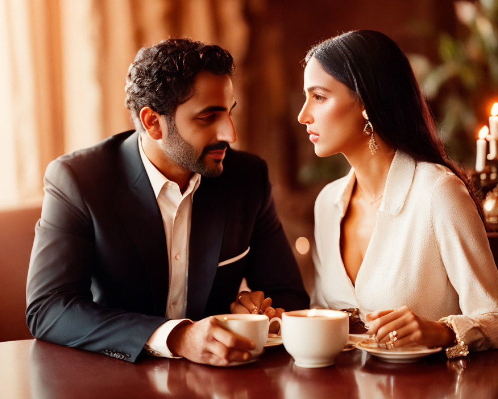 Romantic Couple in Elegant Attire with Candles and Coffee