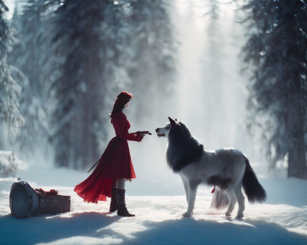 Woman in Red Cloak with White Dog in Snowy Forest