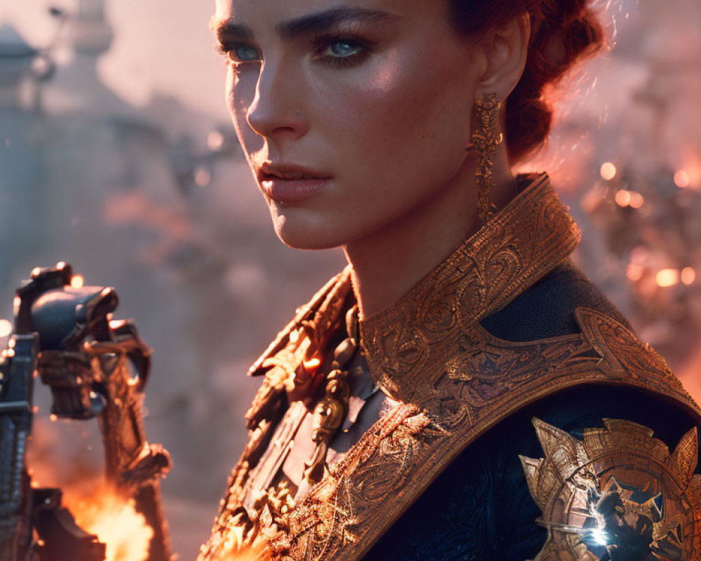 Woman with Blue Eyes and Red Hair in Detailed Armor Amid Fiery Futuristic Setting