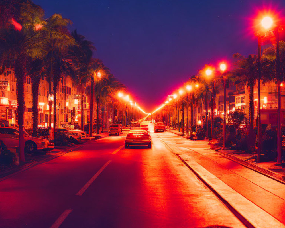 Night Street Scene with Palm Trees and Red Streetlights Under Blue Sky