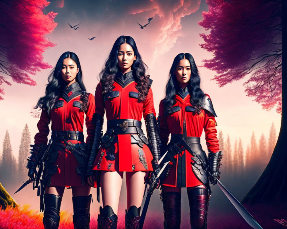 Three Women in Red Armor Pose in Pink Forest Setting