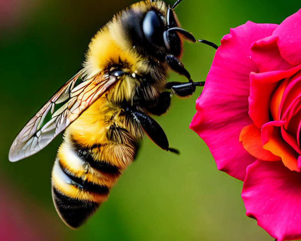 Close-up of bumblebee in flight near vibrant red rose with yellow and black striped body.