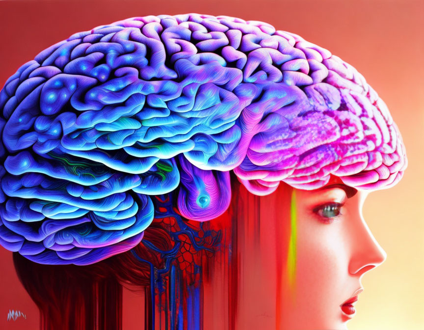 Colorful Human Profile with Textured Brain Illustration Showing Cerebral Anatomy