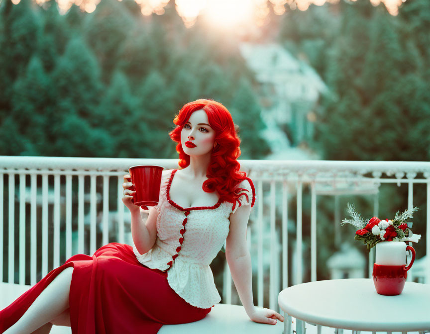 Red-haired woman in vintage dress at balcony table during sunset.