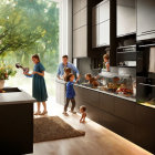 Three Individuals Cooking in Modern Kitchen with Forest Mural