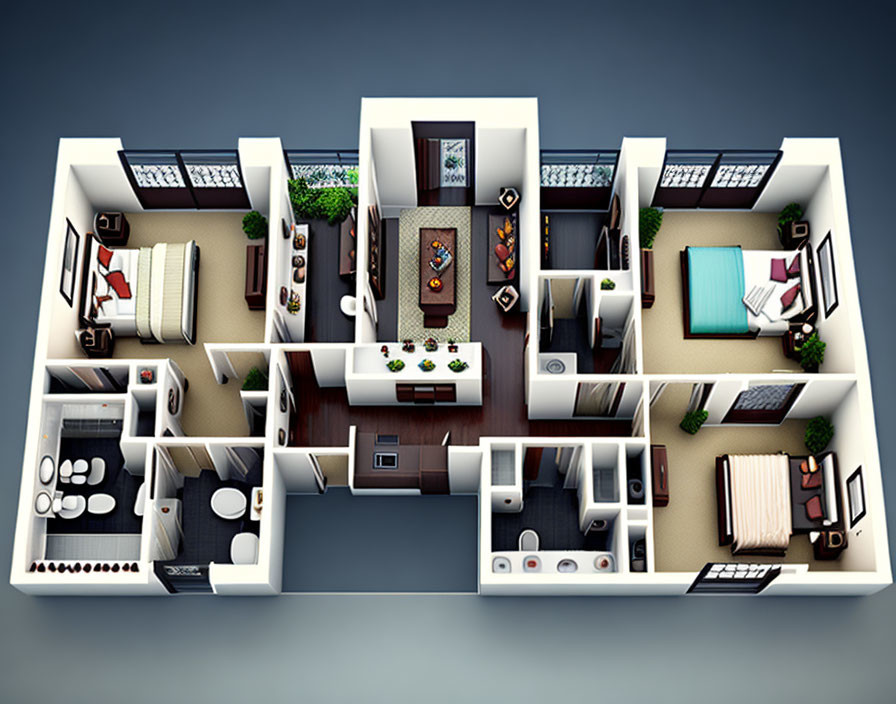 Spacious 3D Apartment Floor Plan with Living Room, Kitchen, Dining Area, 2 Bedrooms