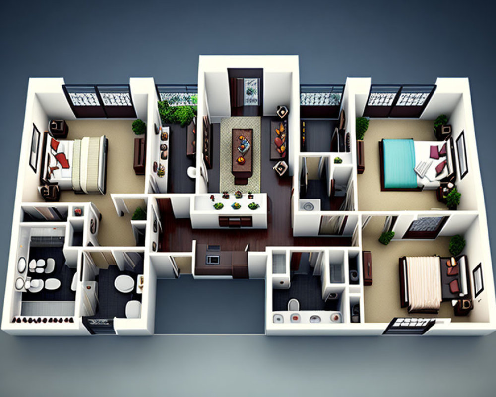 Spacious 3D Apartment Floor Plan with Living Room, Kitchen, Dining Area, 2 Bedrooms