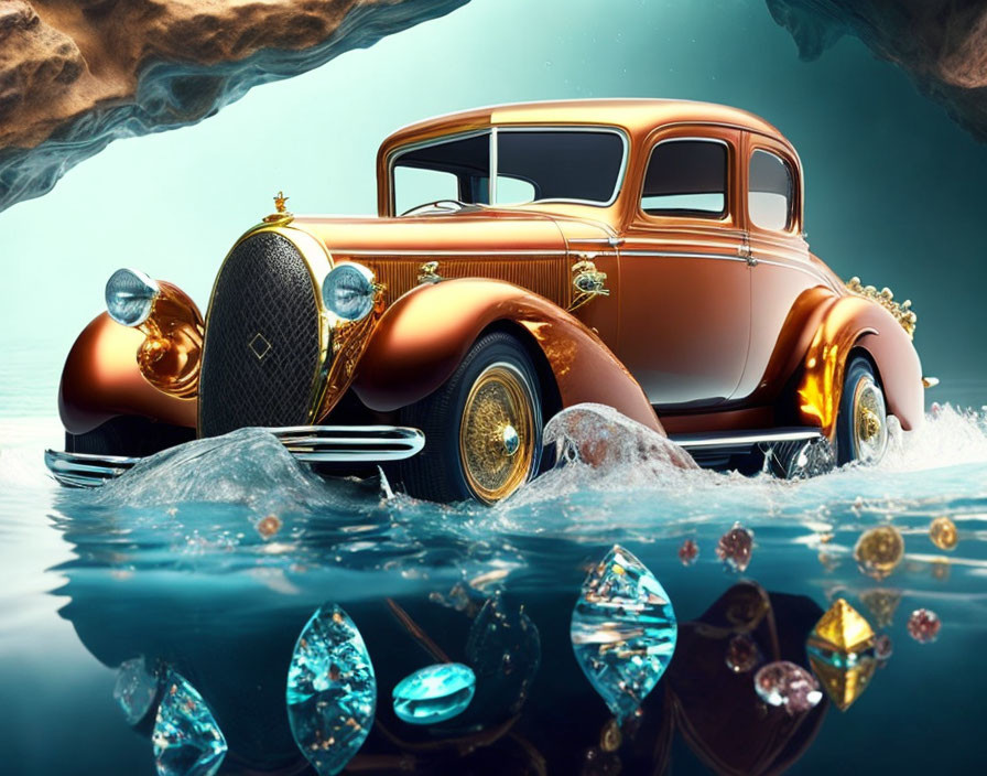 Luxury Car with Golden Accents Emerges in Ice and Gemstone Environment