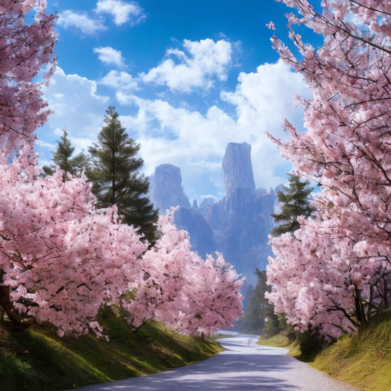 Pink Cherry Blossoms Lining Scenic Road to Rock Formations