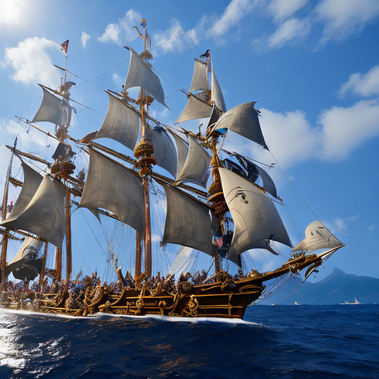 Majestic tall ship with multiple sails and golden decorations against blue sky