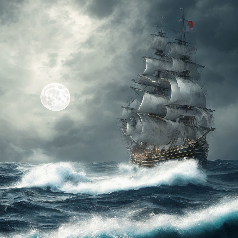 Tall ship sailing stormy seas under a full moon