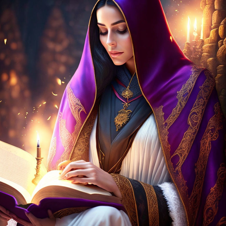 Woman reading book by candlelight in purple cloak
