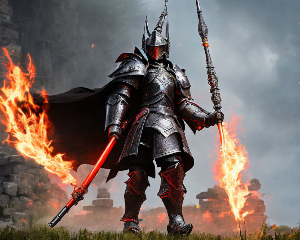 Black-armored knight with red sword in fiery ruins landscape