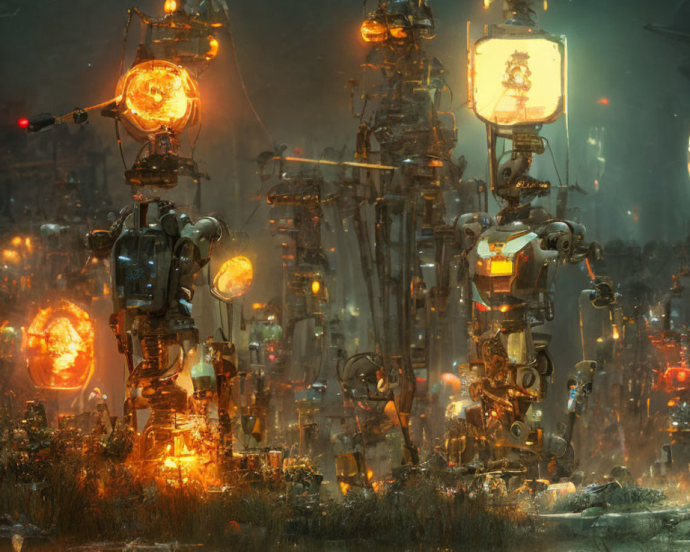 Large Illuminated Robots in Nocturnal Industrial Landscape