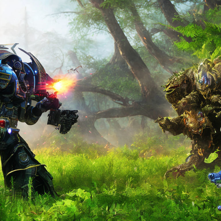Detailed robotic warriors in combat in lush forest glade