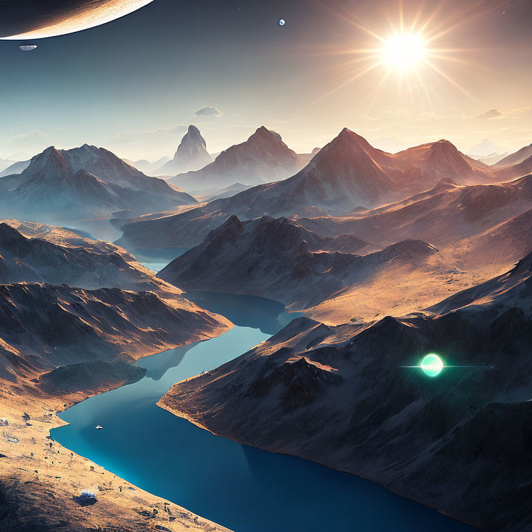 Alien landscape with towering mountains, winding river, bright sun, and green light