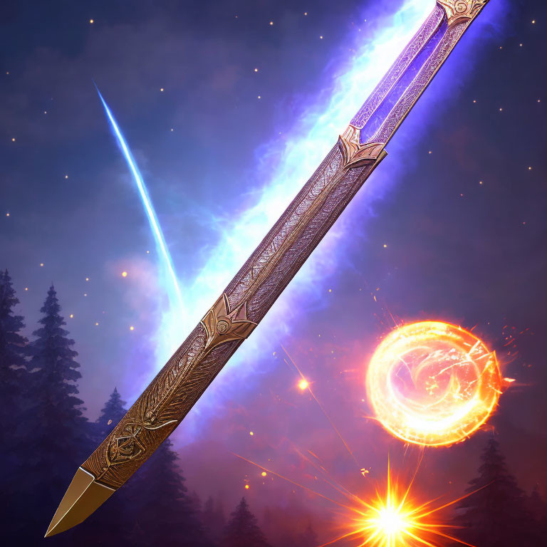 Mystical sword with ornate hilt glowing blue in night sky with stars and orange portal
