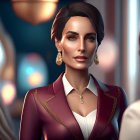 Illustrated woman with brown hair in red blazer and gold jewelry, soft-focused background.