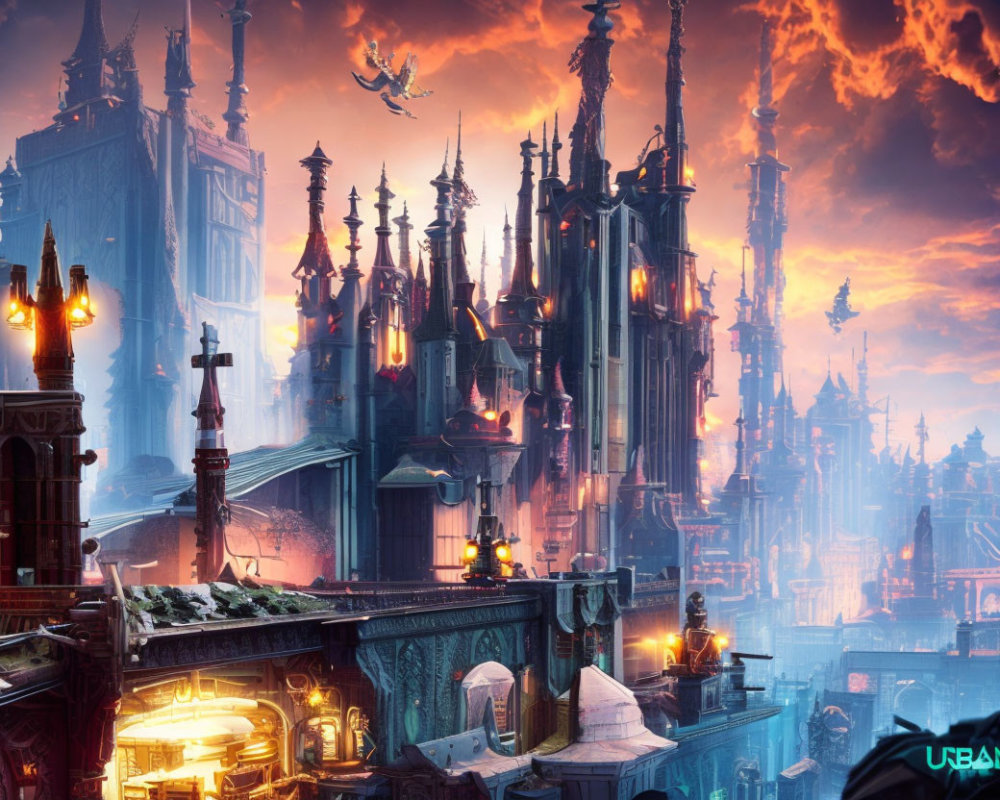 Gothic cityscape with flying creatures in twilight glow