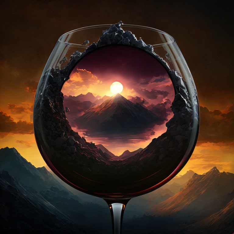 Surreal red wine glass with volcanic mountain sunset view