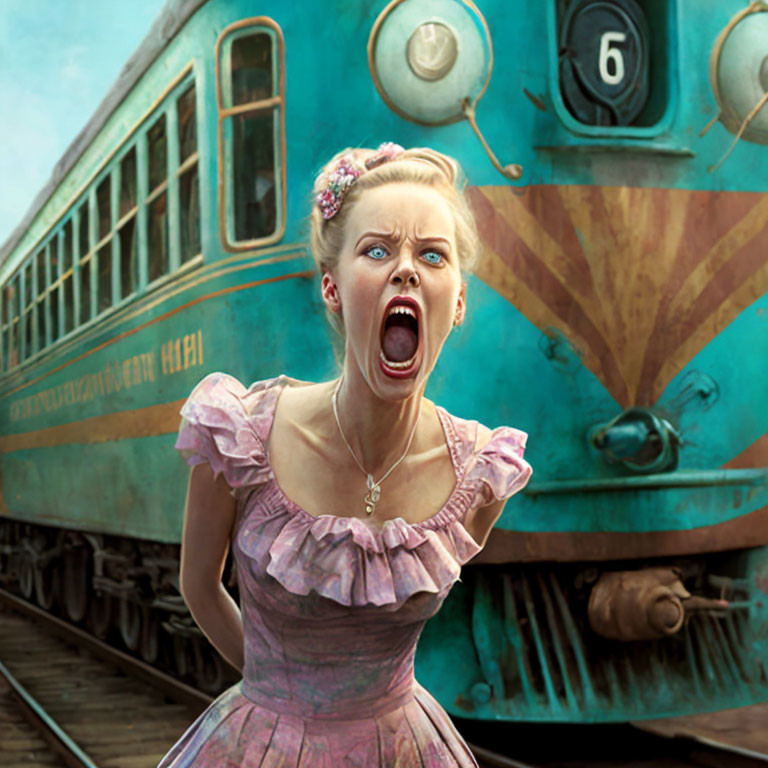 Vintage pink dress woman screams near approaching blue train