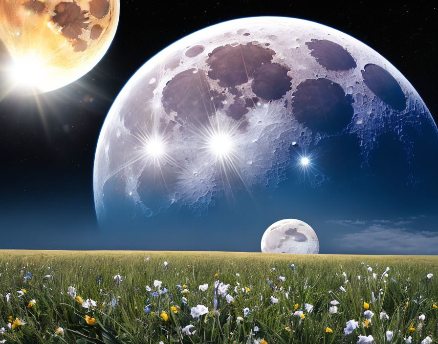Surreal landscape with oversized moon, planet, stars, and flowers