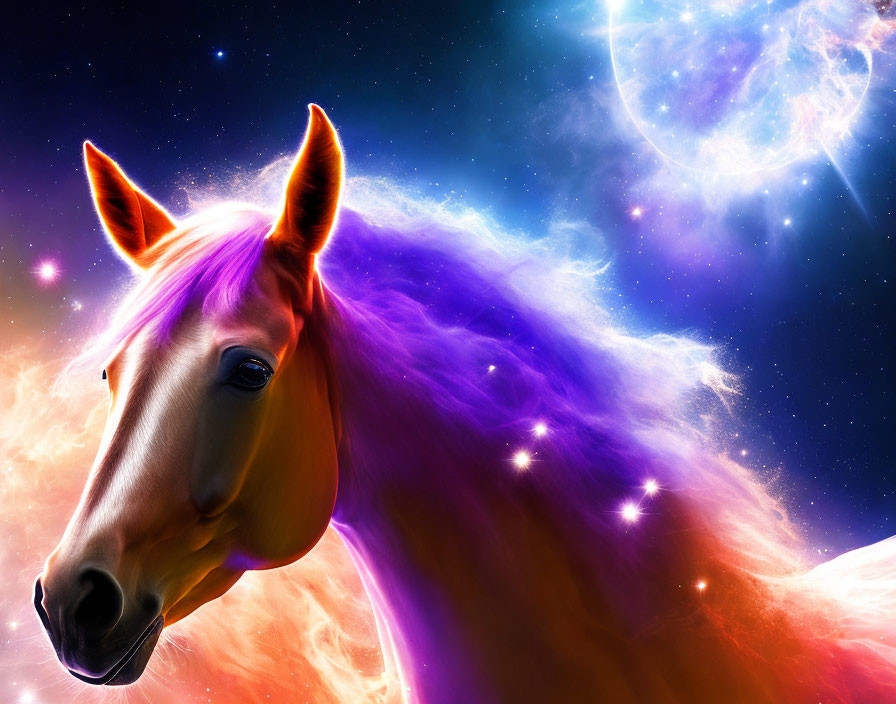 Colorful digital artwork: Horse with neon mane in cosmic setting