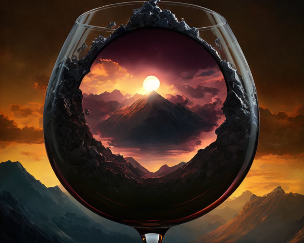 Surreal red wine glass with volcanic mountain sunset view
