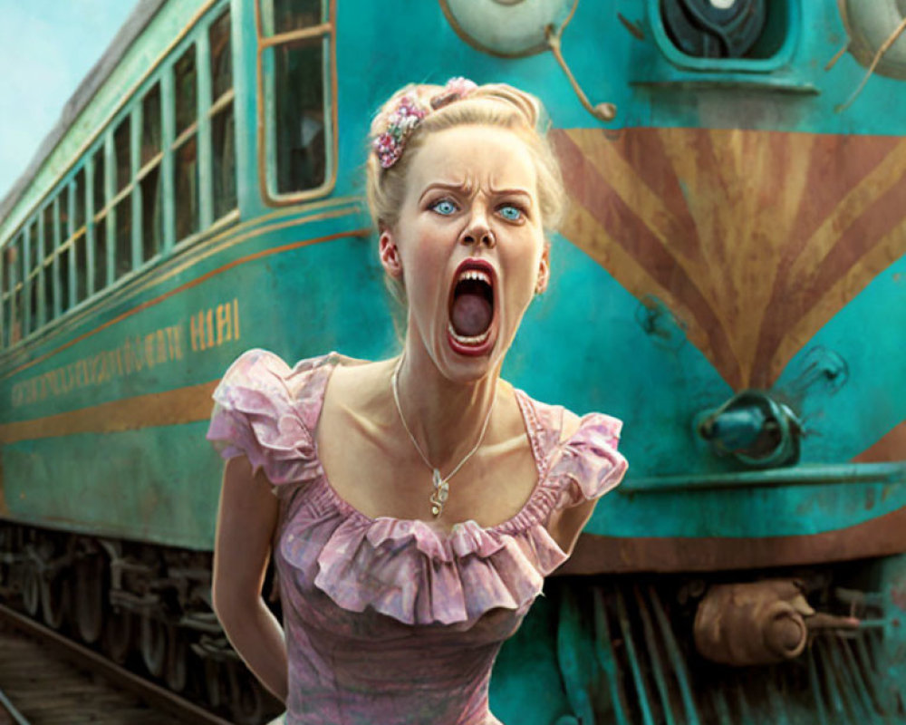 Vintage pink dress woman screams near approaching blue train