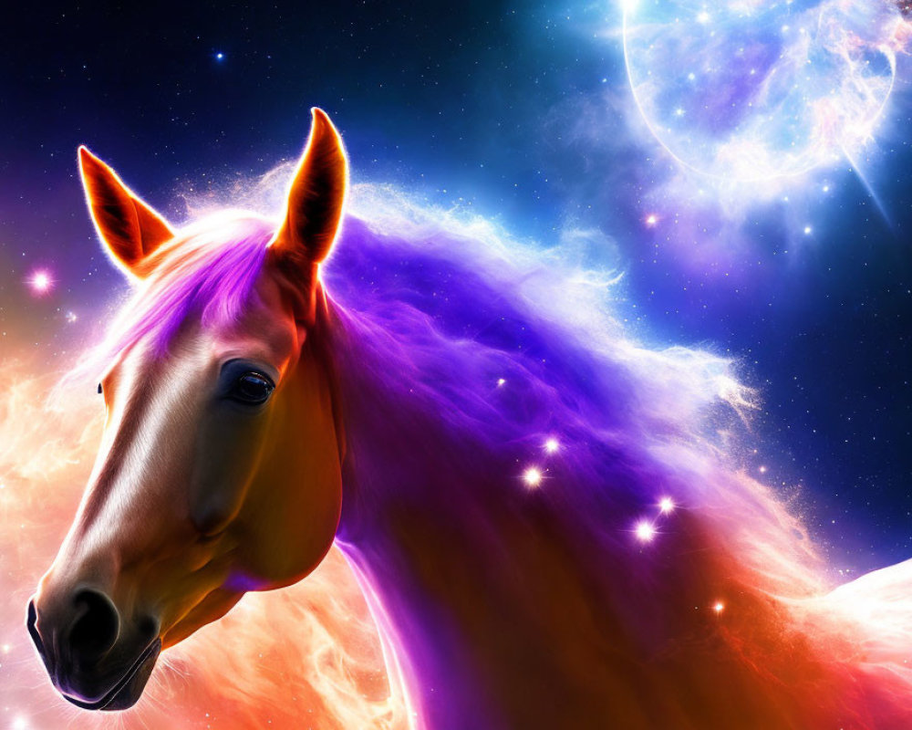 Colorful digital artwork: Horse with neon mane in cosmic setting