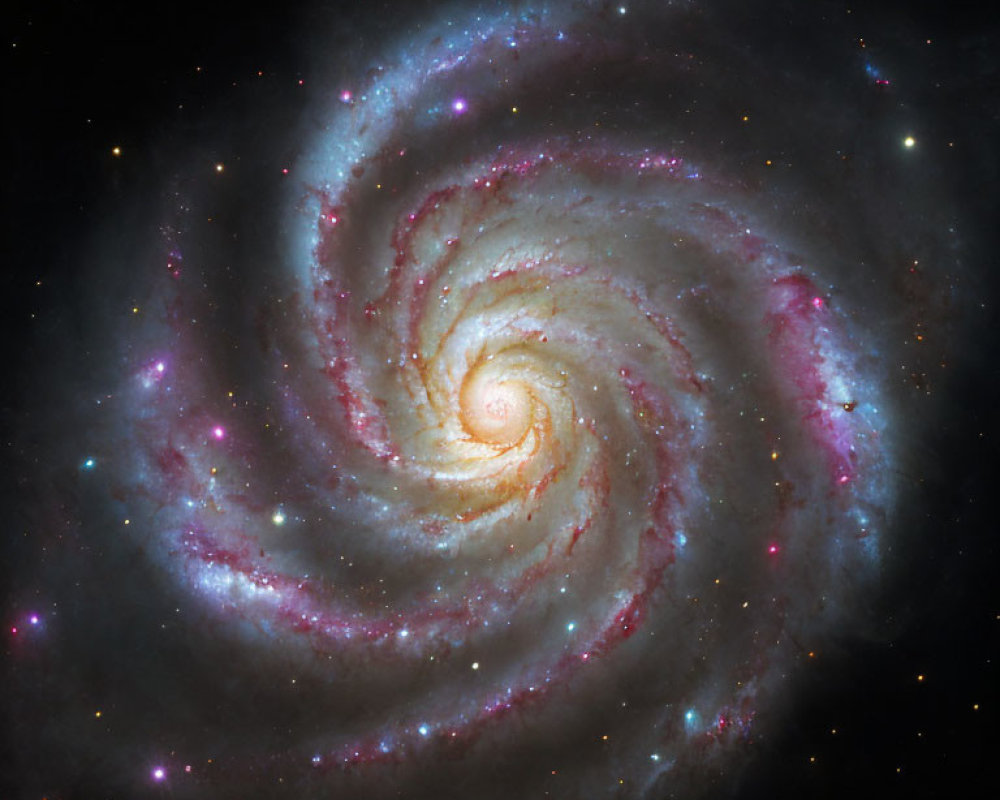 Spiraling Galaxy with Pink Star-Forming Regions and Brilliant Stars