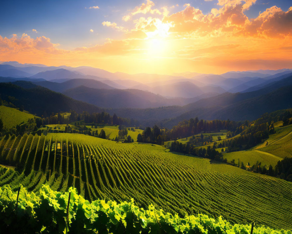 Vibrant Sunset Over Picturesque Vineyard