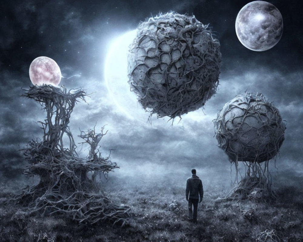 Surreal landscape with large nest-like spheres and twin moons