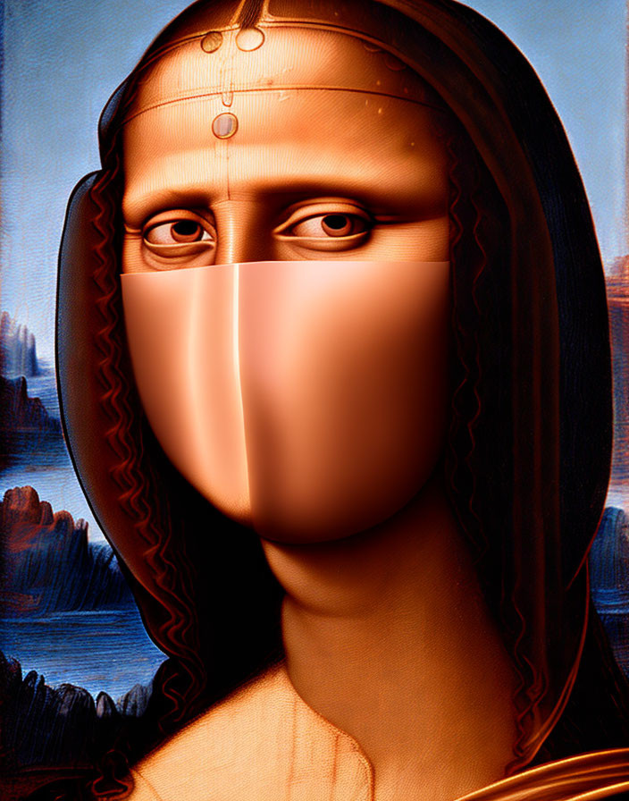 Digitally Altered Mona Lisa with Surreal Features and Iconic Landscape