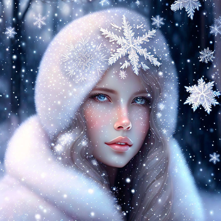 Digital artwork: Woman with blue eyes in white cloak, snowflakes, snowy backdrop
