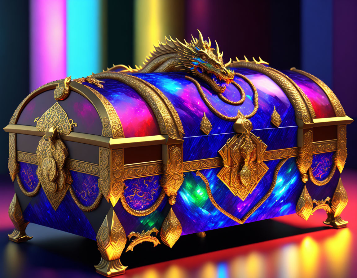 Colorful Dragon Design Treasure Chest with Intricate Golden Accents