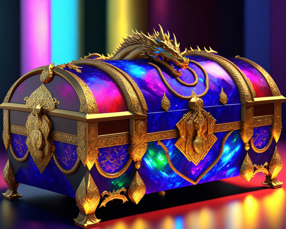 Colorful Dragon Design Treasure Chest with Intricate Golden Accents