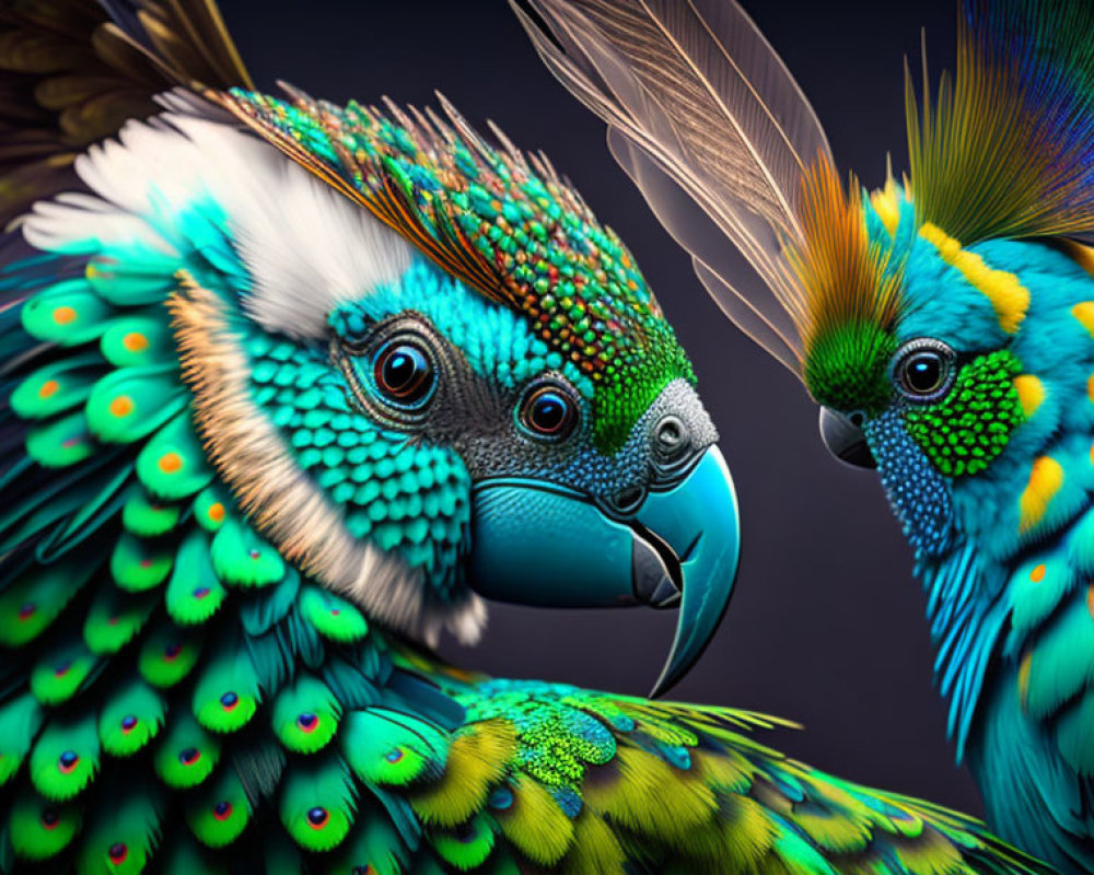 Colorful Parrots with Green and Blue Feathers on Dark Background