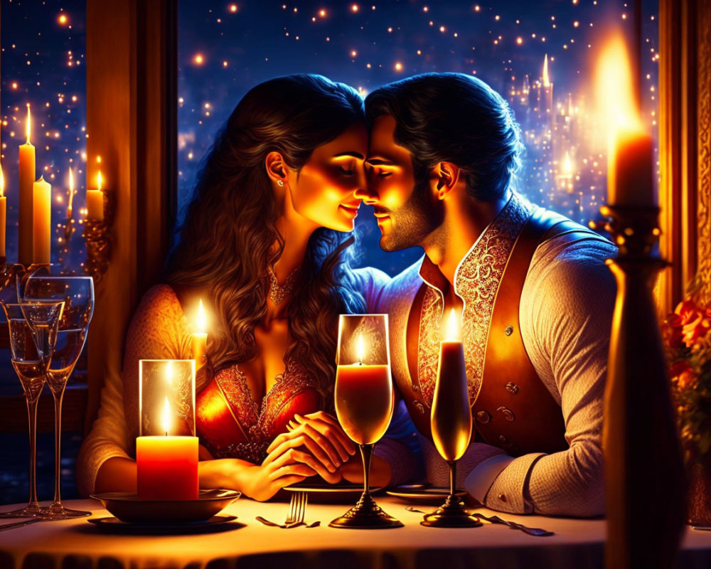 Romantic Candlelit Dinner Scene with Couple, Wine Glasses, and Starry Night