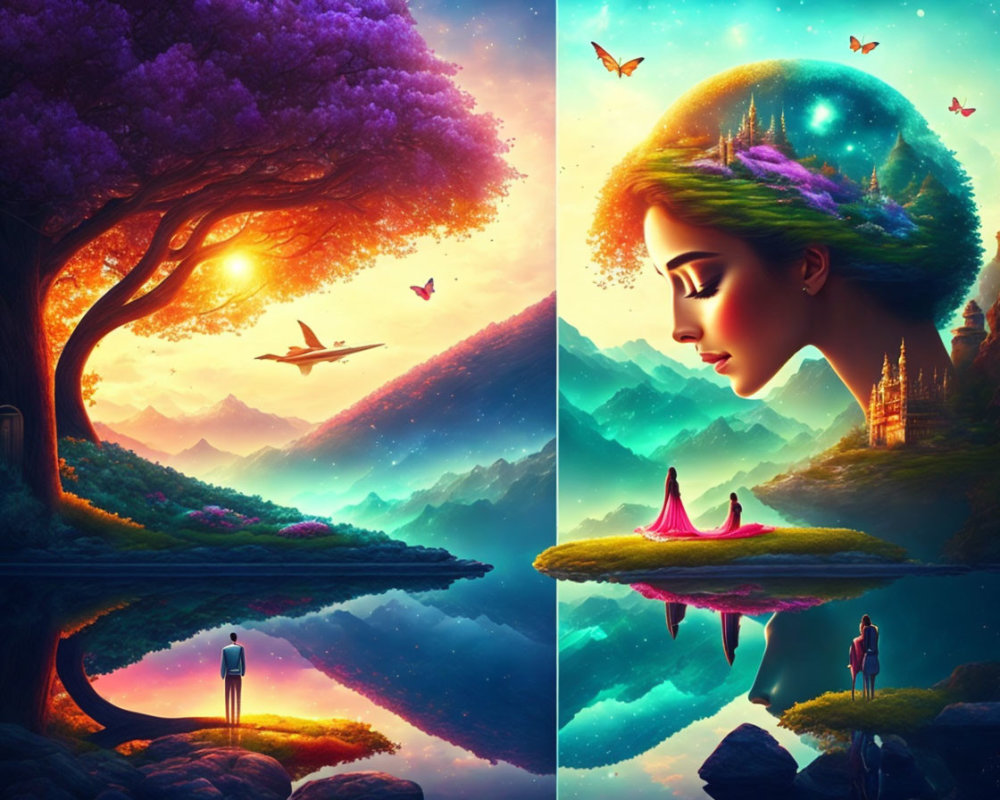 Split-image: Serene landscape & woman with galaxy hairstyle blending nature & fantasy