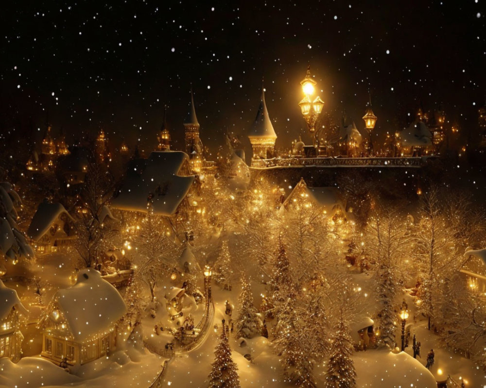 Snow-covered winter village at night with warm golden lights and falling snowflakes