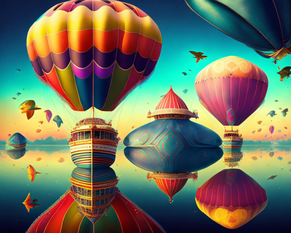 Colorful hot air balloons over calm water under pastel sky with leaves and birds